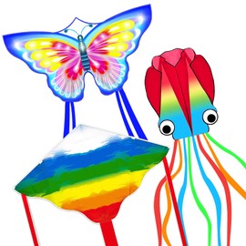 Mint's Colorful Life 3 Pack Kites for Kids and Adults, Easy to Fly Butterfly Delta Octopus Kite, Large Beach Kite with 300ft String, Best for Gifts & Family Outings