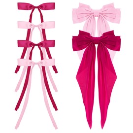 6Pcs Silky Satin Ribbon Barrettes, Big Hair Bows for Women Coquette Tassel Bows Big Hair Bow with Long Tail Hair Ribbon Barrettes Cute Hair Accessories for Long Thick Hair (Pink Rose Red)
