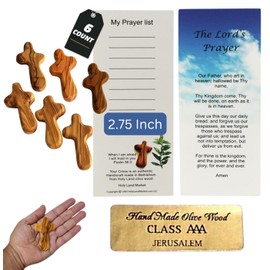 Holy Land Market Olive Wood Pocket Crosses - 2.75 in, Handmade from the Holy Land Olive Wood Crosses with Certificates, Set of 6 Crosses from the Holy Land