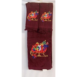 3 Piece Christmas Towels R.A. Briggs 1 Bath, 2 Fingertips Burgundy with Sleigh