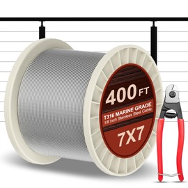 BLIKA 400FT 1/8" Stainless Steel Cable with Cutter, T316 Marine Grade, Stainless Steel Wire Rope 7x7 Strand Construction, 1850lbs Breaking Strength Aircraft Cable for Deck Cable Railing, Silver