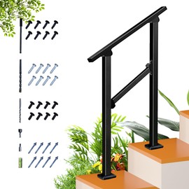 2 Step Handrail for Outdoor Step,Metal Porch Stair Railing 2 Steps Handrails Black Wrought Iron Handrail kit for Concrete, Porch Steps