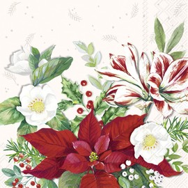 IHR Ideal Home Range Cocktail Napkins Disposable 3-Ply Paper Party Napkin Pack, 5" x 5", Christmas Florals (White), 20-Count