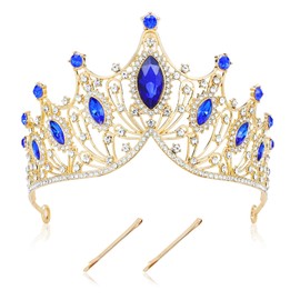 Cinaci Royal Blue Crystal Rhinestone Birthday Party Prom Wedding Bridal Queen Princess Crown Tiara Headband Hair Accessory Gems Jewelry Headpiece for Women Girls Brides (2 Bobby Pins Included)