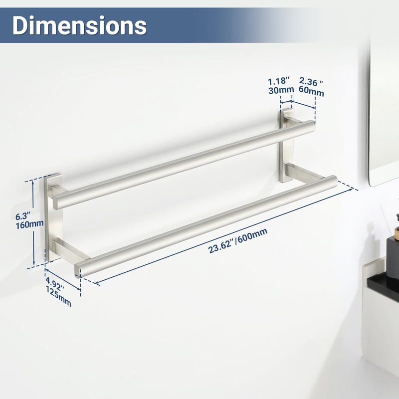 SAYAYO Double Towel Bar for Bathroom, 24 Inch Brushed Nickel
