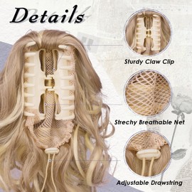 FESHFEN Ponytail Extensions, Claw Clip Ponytails Extension Curly Wavy Hair Piece Synthetic Pony Tail Hairpieces for Women, 10 inch Light Ash Brown & Bleach Blonde
