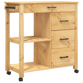 vidaXL Rolling Kitchen Trolley on Wheels - Solid Wood Pine, 4 Drawers, 2 Shelves, Honey Wax Finish, 33.1"x15.7"x35.4", Multipurpose Cart