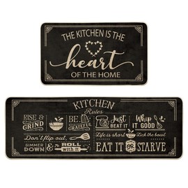 Artoid Mode Black Cooking Sets Kitchen Mats Set of 2, Seasonal The Kitchen is The Heart of The Home Holiday Party Low-Profile Floor Mat for Home Kitchen - 17x29 and 17x47 Inch