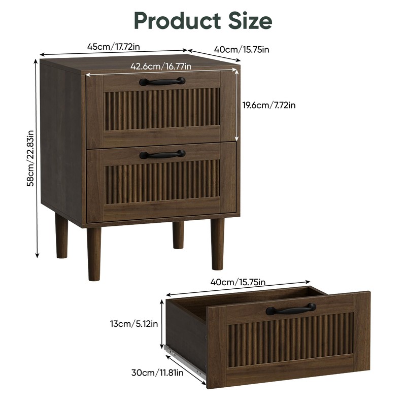 Smart FENDEE Fluted Nightstand with 2 Drawers, Bedside Table with