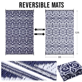 OLANLY Outdoor Rug Waterproof 9x12 ft Clearance, Reversible Outdoor Plastic Straw Rug with Floral Pattern, RV Mat for Patio, Camping, Balcony, Deck, Backyard, Navy & White