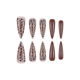 Long Nails Press on Stiletto Brown Fake Nails False Nails with Leopard Print Designs Autumn Acrylic Nails Fall Glossy Glue on Nails for Women Girls 24Pcs
