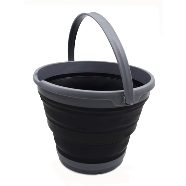 SAMMART 10L (2.6 Gallon) Collapsible Plastic Bucket - Foldable Round Tub - Portable Fishing Water Pail - Space Saving Outdoor Waterpot, Size 33cm Dia (1, Grey/Black)