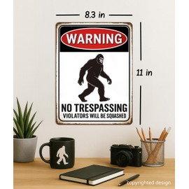 Bigfoot WARNING No Trespassing Metal Sign – Sasquatch Decor Outdoor, Bigfoot Wall Decor, Bigfoot Signs Metal Outdoor – 11×8.3″ Aluminum Yard, Porch & Man Cave Sign