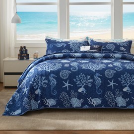 LEAONME Coastal Quilt Set King Size - Lightweight Microfiber Reversible Bedspread, 98''x106'', Navy, Includes 2 Shams