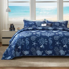 LEAONME Coastal Quilt Set King Size - Lightweight Microfiber Reversible Bedspread, 98''x106'', Navy, Includes 2 Shams