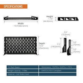 Tecmojo Server Rack Shelf, 1U Rack Shelf 10in Depth, Network Rack Shelf with Anti-Slip Stops, 110lbs Weight Capacity of Vented Rack Mount Shelf for Data/AV/IT/Audio Racks, with Lip, Black