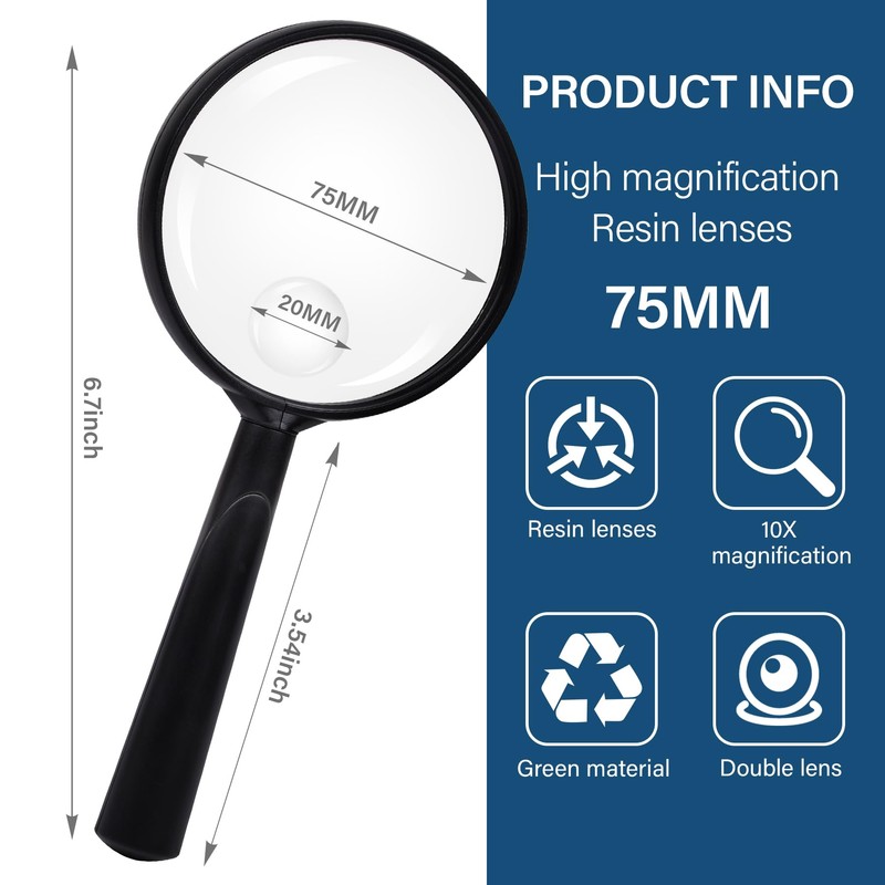 Feosky Handheld Reading Magnifier, 10X Magnifier, 75mm Shatterproof Lens, Adults