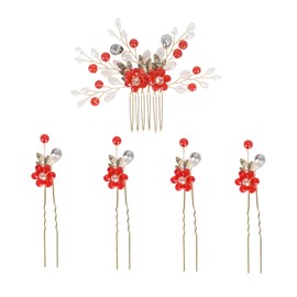 BohoBliss 5 PCS Bridal Flower Wedding Hair Pins accessories, Crystal Hair Clips Headpiece Wedding Jewelry with Rhinestone for Brides Bridesmaids Women Girls Updo, Red
