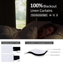 Pinch Pleated 100% Blackout Linen Curtains 84 Inch Length 2 Panel Sets for Bedroom Living Room Thermal Insulated Black Out Curtains with Hooks Rings Back Tab Darkening Soundproof Drapes，Bright White