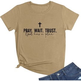 Women Pray Wait Trust Soft Sleeveless Crew Neck Cute Graphic T-ShirtsColor: Khaki, Size: 2 XL