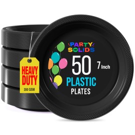 Exquisite Party Solids Black Plastic Plates For Party Supplies 7" Black Disposable Plates Heavy Duty 50 Pcs Plastic Dinnerware Sets Heavy Duty 350 GSM Disposable Dinnerware Set