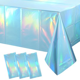 3 Pack Iridescent Light Blue Tablecloth for Parties, Pastel Blue Holographic Plastic Table Cover, Disposable Laser Baby Blue Table Cloth for Birthday Wedding Baby Shower Party Decorations, 54x108 Inch