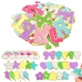 Ngdhkd 82 Pcs Chenille Letter Patches Self Adhesive Patch Sticker Letter Patches A-Z with Gold Glitter Star Lightning Heart Rainbow Bow Flower for Hats Bags Clothing