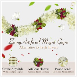 ZAINY 6 Pack Red White Mogra Gajra for Hair, Artificial Jasmine Flower for Women, Reusable Artificial Cloth Hair and Hand Accessories for Festivals, Poojas, Weddings, and Decor - Versatile Floral Hair Garland (Red, 33 cm)