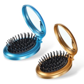 Foldable Hair Brush with Mirror, 2 Pcs Oval Mini Hair Brush Portable Travel Size Compact Hairbrush Small Anti-static Pocket Comb Hair-Styling Tools for Women Home Travel Gym Purse (Gold, Blue)