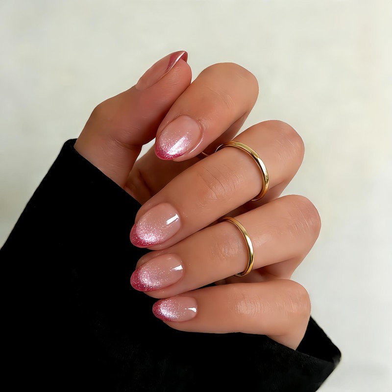 Uñas postizas cortas con punta francesa ovalada y pegamento, uñas