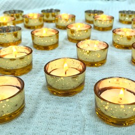GOLDEAL 30 Pcs Samll Glass Tealight Candle Holders Speckled Gold Glass-Tea Candle Holders Bulk-Perfect for Weddings, Parties, Dinners - Ideal for 1.5" Standard Tealights and Candle Moulds…