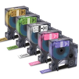 Freshworld 5-Pack Compatible with DYMO D1 Colorpop Label Tape 12mm 0.47" D1 Label Tape Refill, Replace COLORPOP Label Maker LabelManager 160 280 360D 420P PnP, White, Purple/Pink/Green/Gold Glitter
