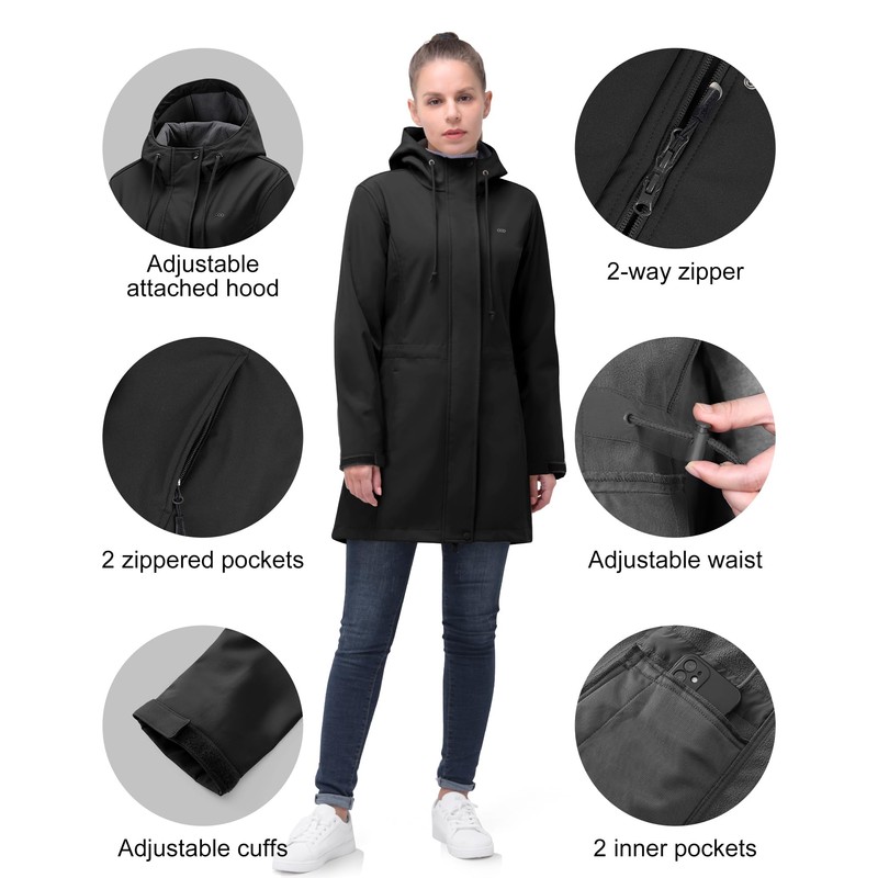 33,000ft Women's Softshell Long Jacket with Hood Fleece Lined Windproof