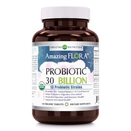 Amazing Flora Amazing Flora-USDA Certified Organic Probiotic-60 Organic Tablets-Restores The Natural Balance of Good Bacteria-Helps to Relieve Digestive Discomfort & Promotes Immune Health(30 Billion (13 Strains))