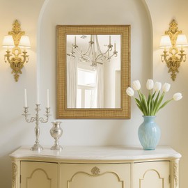 WallBeyond Rattan Wall Mirror Rectangle, 22 X 28 inch Rattan Mirror with Wooden Framed for Wall Decor Bathroom, Living Room, Entryway, Farmhouse, Bedroom