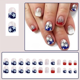 Short Square Press on Nails 4th of July Fake Nails Independence Day Patriotic Theme Nails with Red Blue White Glitter Star French Tips Designs Acrylic Nails Glue Stick on Nails for Women Girls 24 Pcs