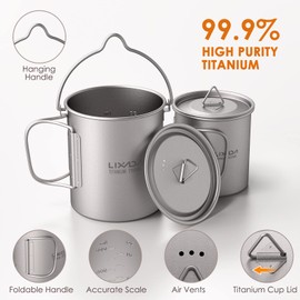 Lixada Titanium Pot Camping Portable Titanium Water Portable Cup with Folding Handle (300 ml, 350 ml, 420 ml, 550 ml, 650 ml, 750 ml, 900 ml, 1600 ml)