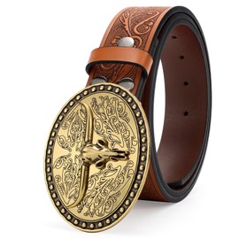 JASGOOD Mens Western Cowboy Belt Buckles for Men,1.5" Wide Genuine Leather Belt Cowgirl Mens Leather Belt for Jeans(Brown)