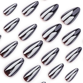 24Pcs Almond Press on Nails Medium Fake Nails Black Aurora Acrylic False Nails Full Cover Mirror Glue on Nails Solid Color Shine Stick on Nails Artificial Nails for Women Girls DIY Nail Art Decoration