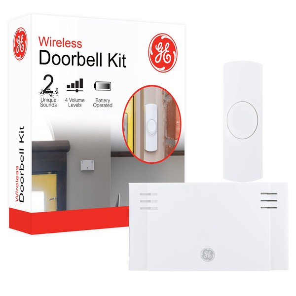WorldBrand GE Wireless Doorbell Kit,Battery-Operated Receiver,1 Push Button door bell,2 Melodies,4 Volume Levels doorbell chime,classroom doorbell,150 Ft Range,Mountable,White,19247