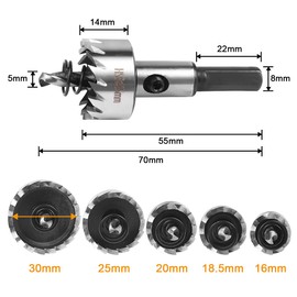 Flintronic Hole Saw Carbide Drill, 5 Pieces, HASS Titanium Hole Saw Drill Bit Set, 16/18.5/20/25/30 mm, Circle Cutter Set Remover, Tools for Steel, Stainless Steel, Iron, Brass, Fibreglass