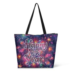 Jolamirel Colorful Firework Print Reusable Paper Tote Grocery Bag, Happy New Year Pattern Zipper Shoulder Work Bag 14" x 13" x 5", Purple Large Travel Tote Gym Bag