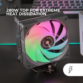 MARS GAMING MCPU-X5ARGB, CPU Cooler 280W TDP, 5x HCT Heatpipes, PWM Fan SI Extreme-Silent ARGB 120 mm, Hyperbalanced Copper Core, Universal Compatibility, Black