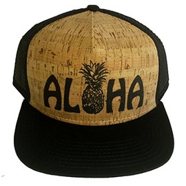 Aloha Pineapple Cork Snapback Mesh Trucker Hat Cap Flat Brim Shaka Hawaii Black