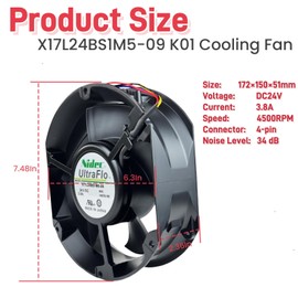 for Nidec X17L24BS1M5-09 K01 Cooling Fan, DC24V 3.8A 4-Wire Cabinet Inverter Cooling Fan, 172×150×50mm AXIAL Fan