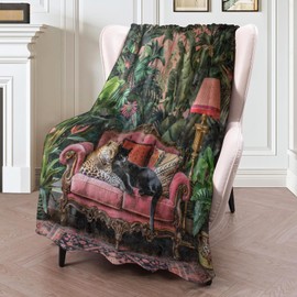 ICAAV Exotic Jungle Blanket 50×60 Inch,Leopard and Black Panther Flannel Throw with Luxurious Tropical Plant and Wild Cats on Pink Sofa,Stunning Safari Home Living Room Decor,Gifts for Adults