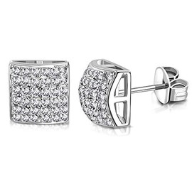 My Daily Styles – 925 sterling silver earrings – Unisex Stud Earrings – Round-Cut Cubic Zirconia Stone Inlaid Earrings – Screw Back Closure - Square Stud Earrings for Women and Men - 0.35" (Silver)