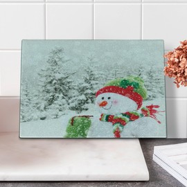 Ambesonne Christmas Cutting Board, Snowman in a Snowy Woodland Holiday Themed Arrangement Winter Season Print, Decorative Tempered Glass Cutting and Serving Board, Small Size, White and Red