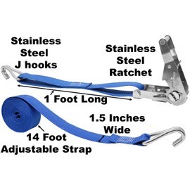 CustomTieDowns 1.5 Inch x 15 Foot Stainless Steel Ratchet Strap, Wide Handle Ratchet, Long Neck Double J Wire Hooks Facing Down On Each End.