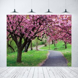 Spring Cherry Blossom Backdrop 10x8ft Pink Flowers Trees Scenery Path Green Grass Photography Background Portrait Birthday Party Decorations Banner Photo Props